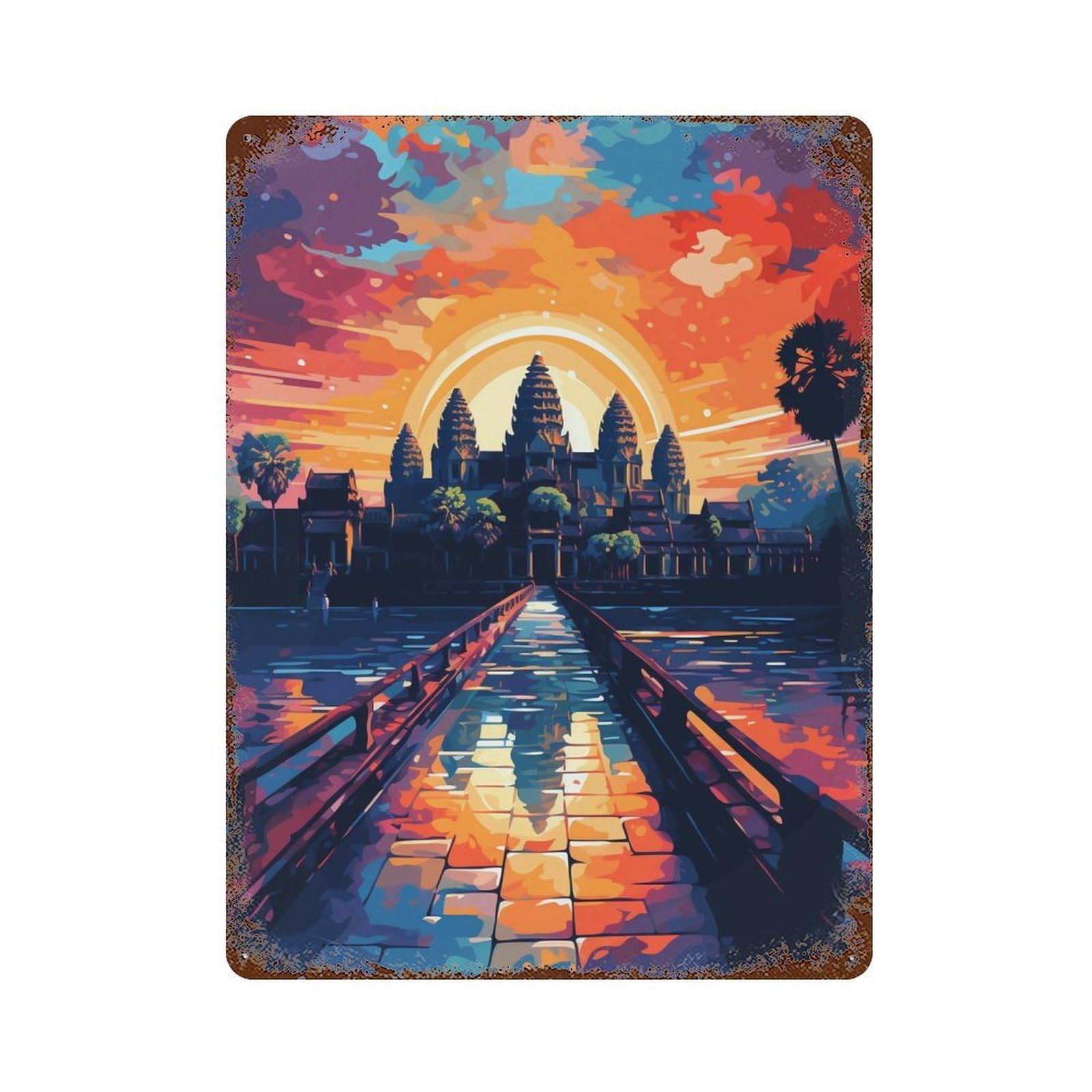 Decorative Tin Sign with Angkor Wat Sunset Bridge Design 15.7"x11.8", for Farmhouse, Kitchen And Entryway Decor, Old School Wall Decor