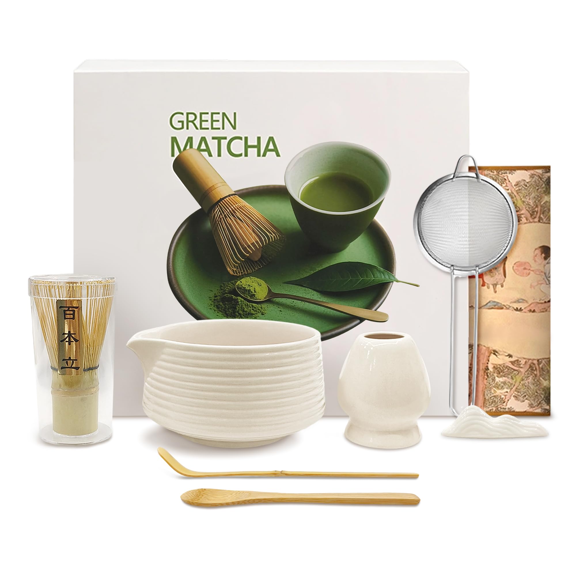 Kit Té Matcha Completo 8 Piezas con Cuenco de Cerámica con Pico 510 ml, Batidor de Bambú, Cuchara, Tamiz y Soporte, Set Japonés para Matcha Latte, Ceremonia del Té, Regalo Original