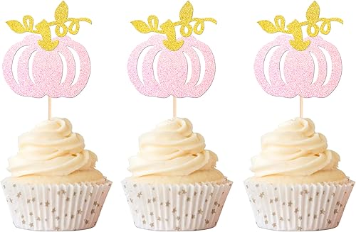 Miniatura 8 de Rsstarxi Paquete de 24 adornos para cupcakes de primer cumpleaños con diseño de calabaza para el primer cumpleaños, decoración de pastel de calabaza