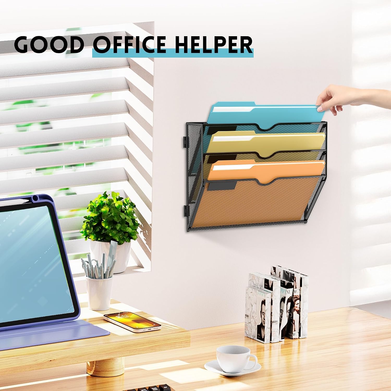 SUPEASY Lot de 2 organiseurs muraux à 3 niveaux en maille pour courrier de bureau, magazines et magazines - Noir