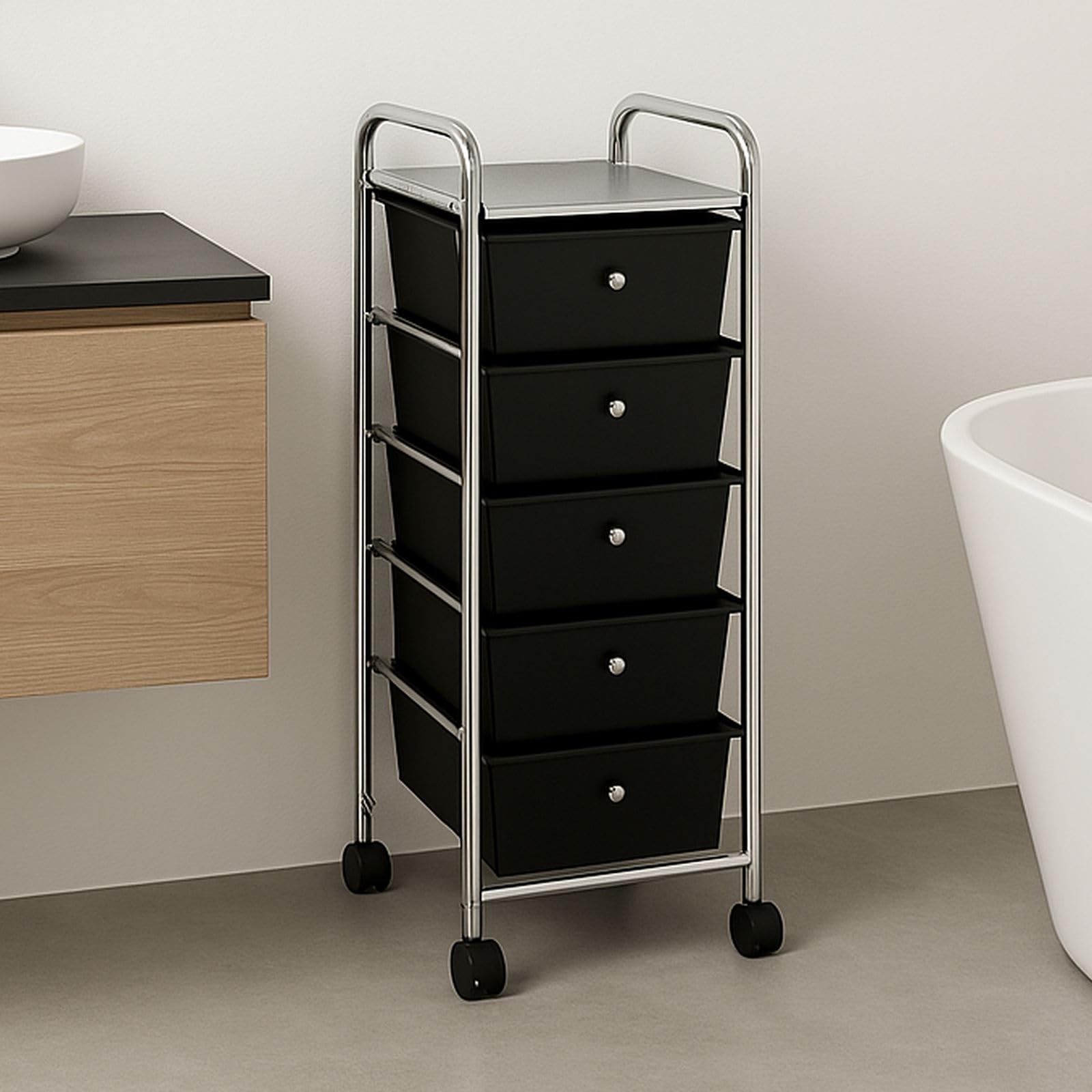 IDIMEX Caisson sur roulettes GINA Chariot avec 5 tiroirs en Plastique Noir et 1 étagère, Meuble de Rangement pour Salle de Bain en métal chromé