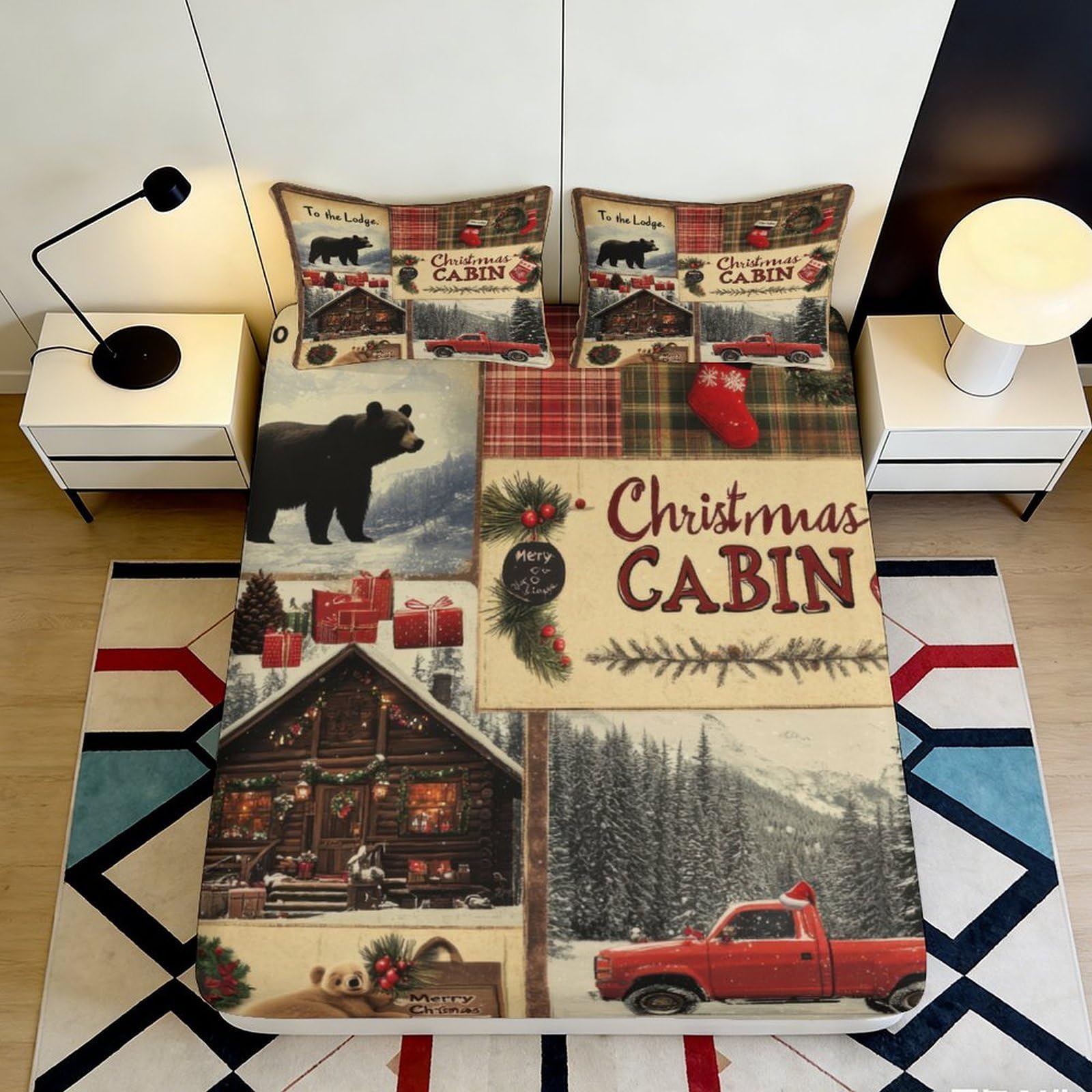 3D Printed Christmas Cabin Fitted Sheet Microfiber Soft Lodge Bear Red Truck Bed Cover for Bedroom Decor 90x200x25cm