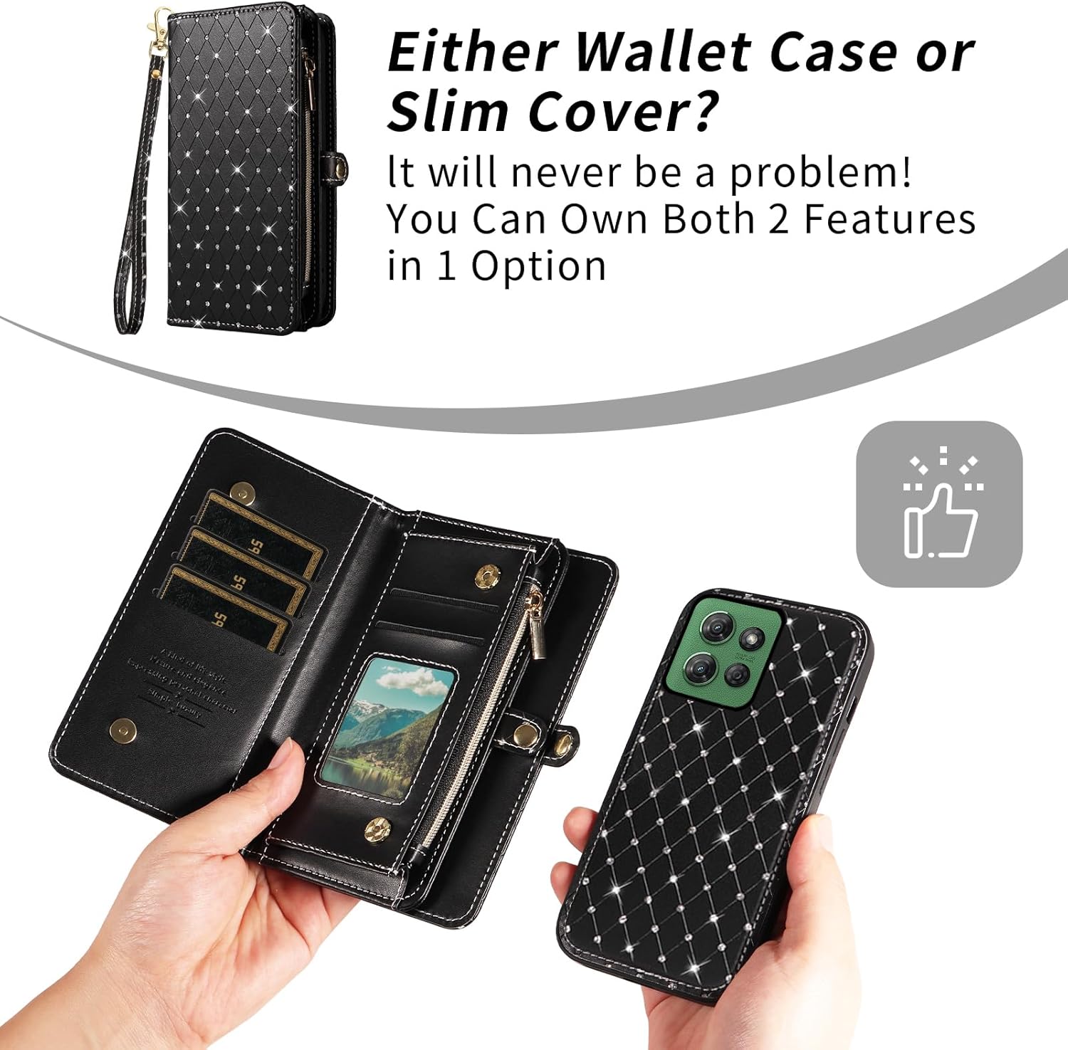 Phone Case for Motorola Moto G Power 5G 2025 Zipper Wallet Detachable Cell Cover with Screen Protector Crossbody Lanyard Strap Bling Glitter Flip Card Holder Slot XT2515-1 Women Men Girls Black