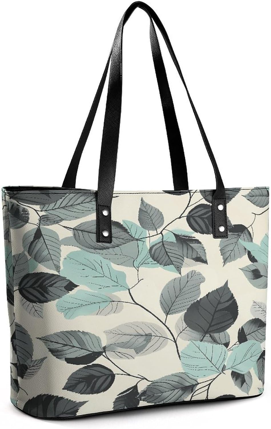 Mint Gray Leaves Tote Bag with Reinforced Bottom & Handles,Gym Bag Durable And Tip-proof,Weekender Bag to Top Zipper Closure,Daily Essentials