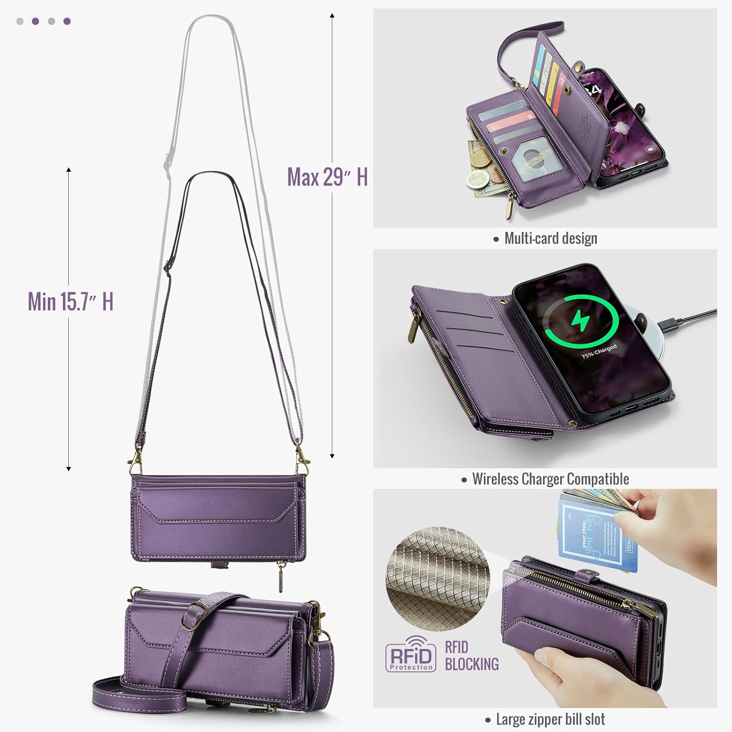 Asuwish Phone Case for iPhone 16 Plus 6.7 inch Zipper Wallet Cover with Tempered Glass Screen Protector and Flip RFID Blocking Credit Card Holder Cell i Phone16 16+ i16 + 16Plus Women Men Girls Purple