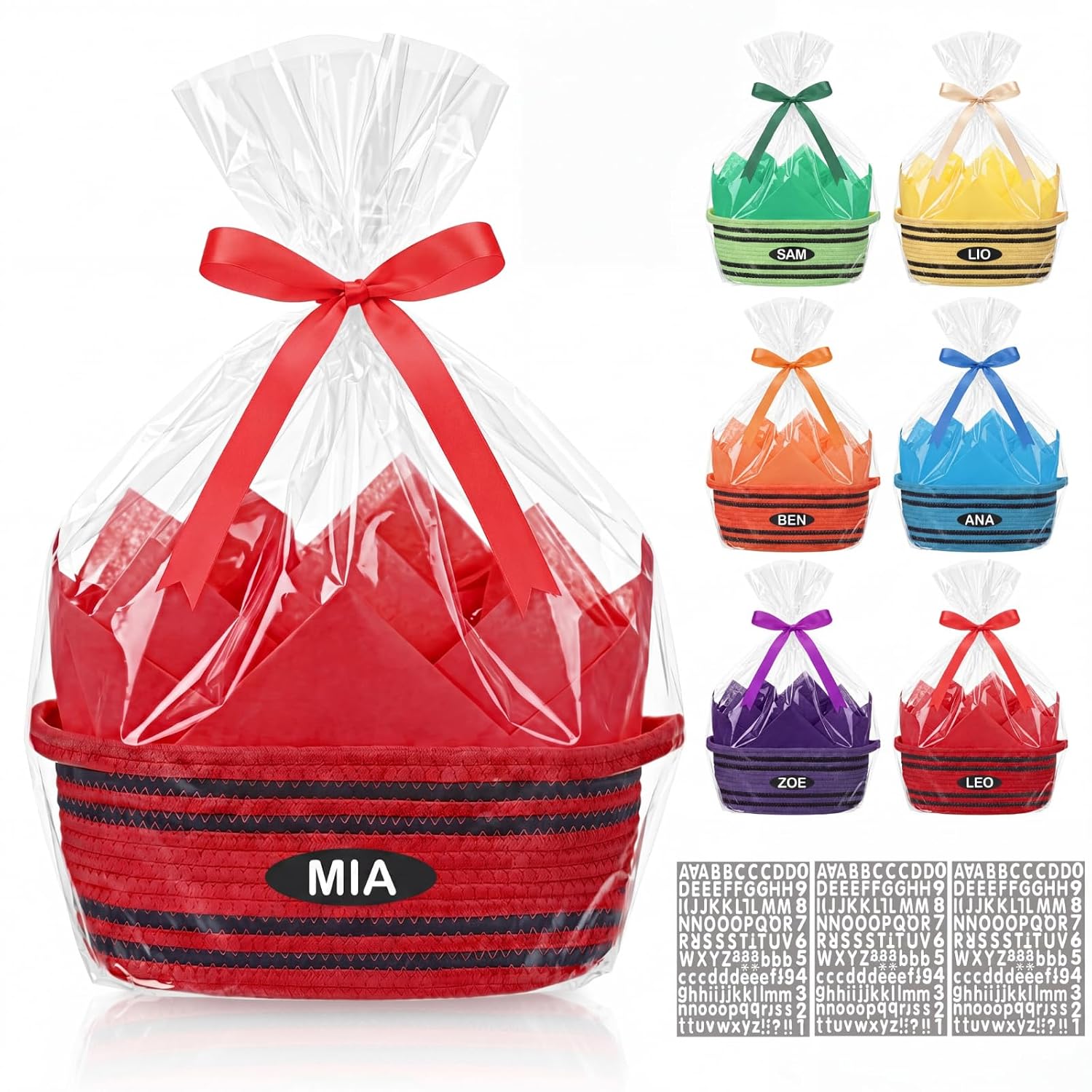 Colingmill 4 Pcs Crayon Gift Basket Empty, Woven Storage Basket with Gift bag, Ribbons, Tissue Paper, Letter Sticker for Birthday Back to School Classroom Supplies End of Year Party (Vivid Color)