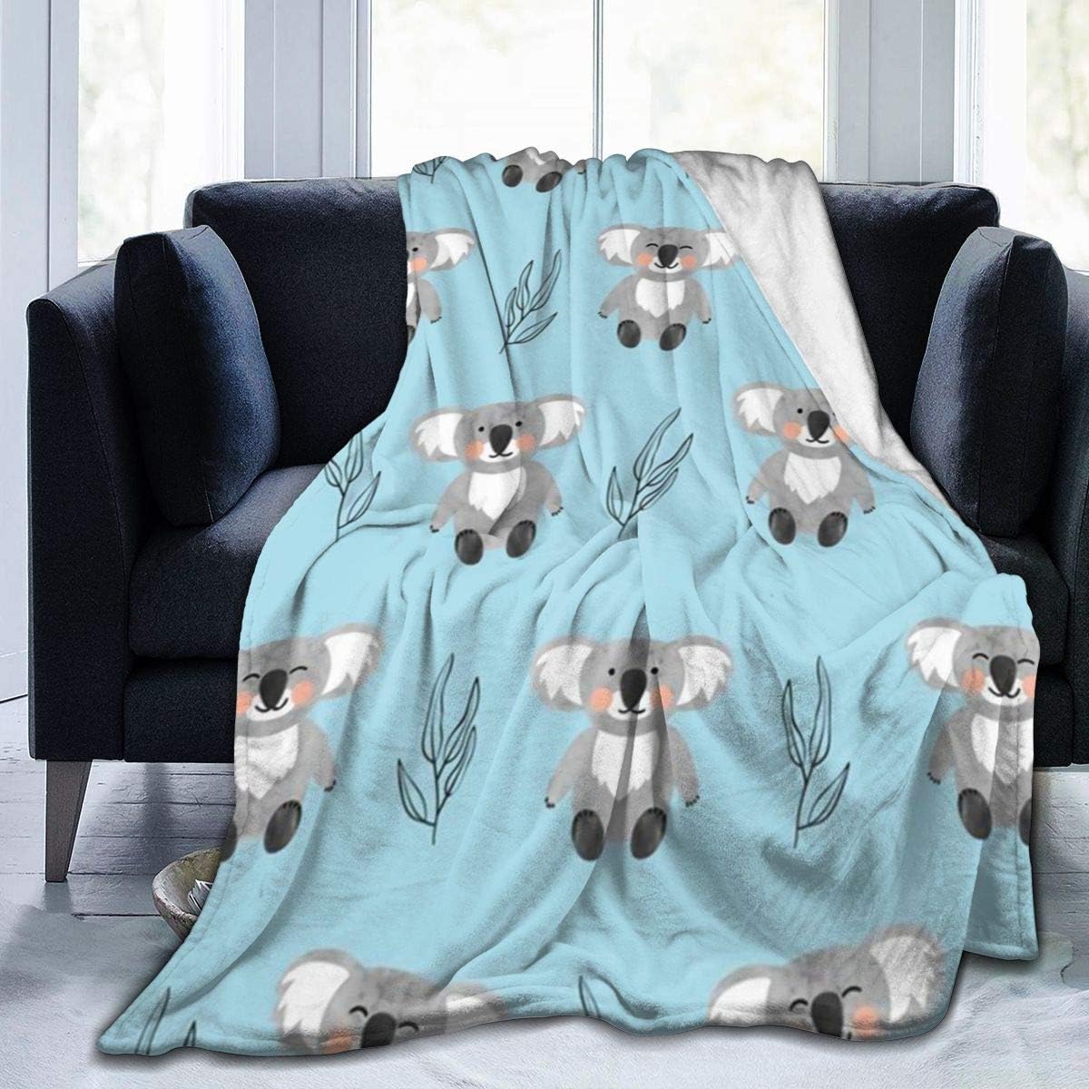 KnsoivFlannel Plush Luxury Throw Blanket, Cartoon Style Cute Koala Bears Funny Animal Blue Pattern Throw for Fall Picnic, Air Conditioning Blanket and Warm Washable 60 x 50 Inch