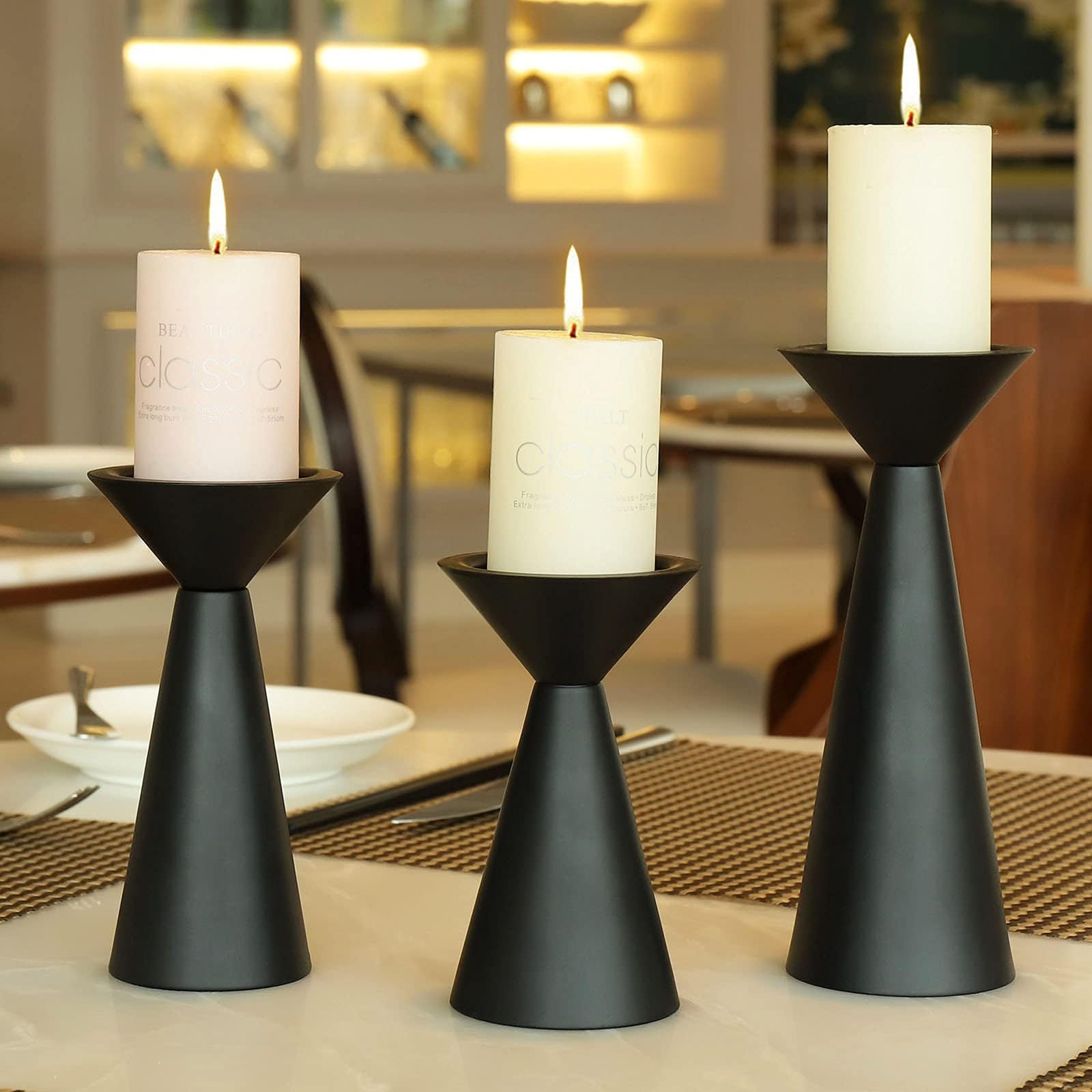 Black Metal Candle Holder Set of 3 - Pillar Candle Centerpiece for Table - Decorative Stands