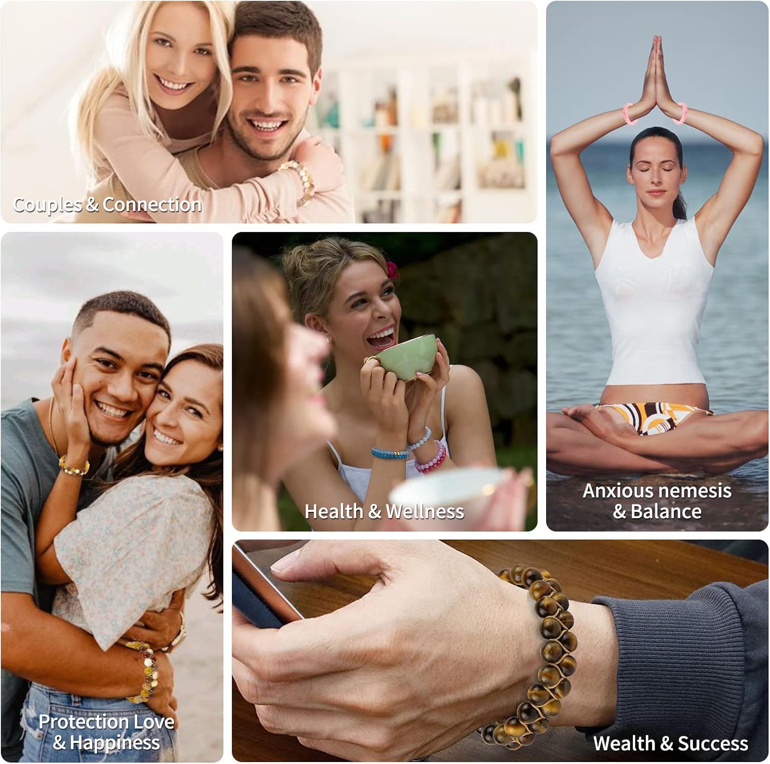 Miniatura 7 de AKSDESY Pulseras hechas a mano  Pulsera de triple protección para mujer  Pulseras para hombre de 0.315 in  Pulseras de cuentas de cristal curativo