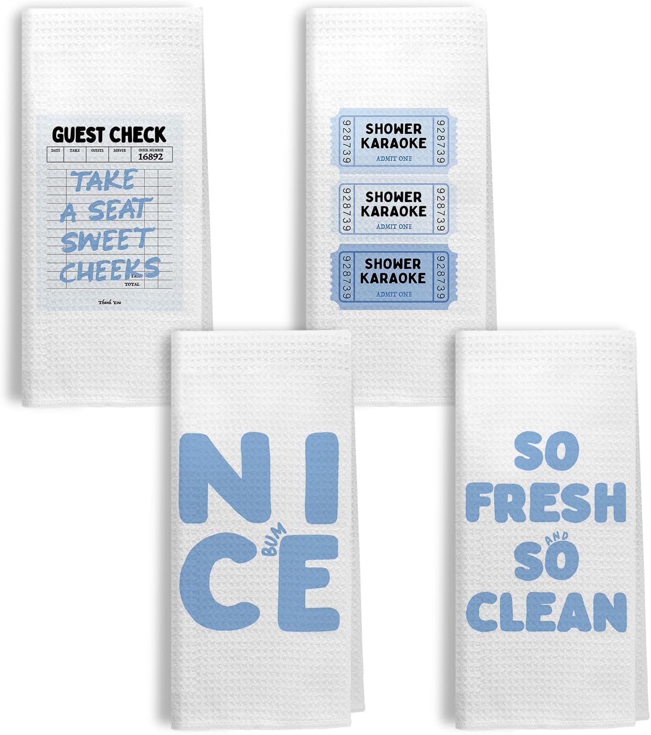 Trendy Blue Hand Towels for Bathroom, Preppy Bathroom Decor, Blue Retro Guest Check Shower Karaoke Ticket Hand Towels for Washroom Restroom Bath Room Toilet, 16x24 Inch Set of 4