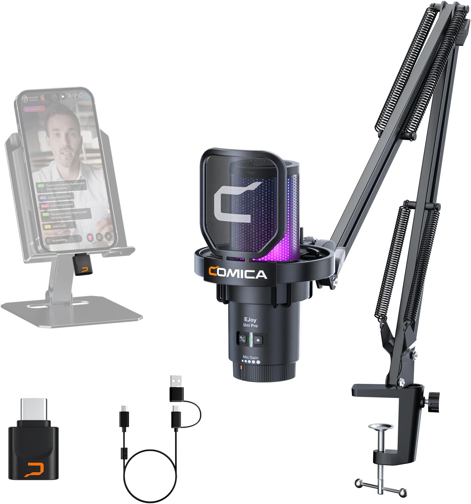 Comica EJoy Uni Pro Wireless USB Condenser Gaming for PC, PS4, PS5, USB C Phone and Mac, Boom Arm RGB Computer Mic for Twitch, Streaming, Podcasting, Noise Cancellation Mic with Mute, Gain, Monitoring