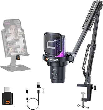 COMICA EJoy Uni Pro Wireless USB Condenser Gaming Microphone for PC, PS4, PS5, USB C Phone and Mac, Boom Arm RGB Computer Mic for Twitch, Streaming, Podcasting, Noise Cancellation Mic with Mute, Gain