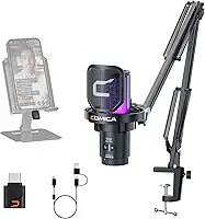 Comica EJoy Uni Pro Microfone USB Sem Fio para PC, Celular USB-C e Mac, Microfone Condensador com Braço Articulado para Twitch, Streaming, Podcast,Cancelamento de Ruído,Mudo e Monitoramento