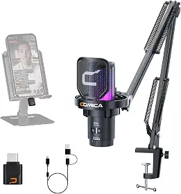 Comica EJoy Uni Pro Microfone USB Sem Fio para PC, PS4, PS5, Celular USB-C e Mac, Microfone Condensador com Braço Articulado para Twitch, Streaming, Podcast,Cancelamento de Ruído,Mudo e Monitoramento