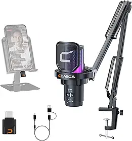 Comica EJoy Uni Pro Microfone USB Sem Fio para PC, Celular USB-C e Mac, Microfone Condensador com Braço Articulado para Twitch, Streaming, Podcast,Cancelamento de Ruído,Mudo e Monitoramento