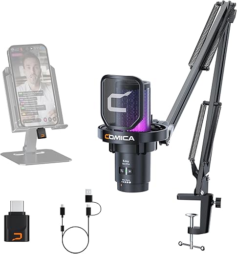 Comica EJoy Uni Pro Wireless USB Condenser Gaming for PC, PS4, PS5, USB C Phone and Mac, Boom Arm RGB Computer Mic for Twi