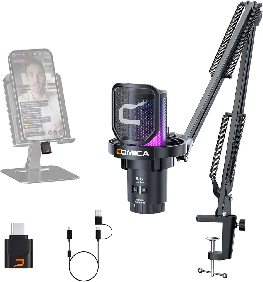 Comica EJoy Uni Pro Microfone USB Sem Fio para PC, Celular USB-C e Mac, Microfone Condensador com Braço Articulado para Twitch, Streaming, Podcast,Cancelamento de Ruído,Mudo e Monitoramento