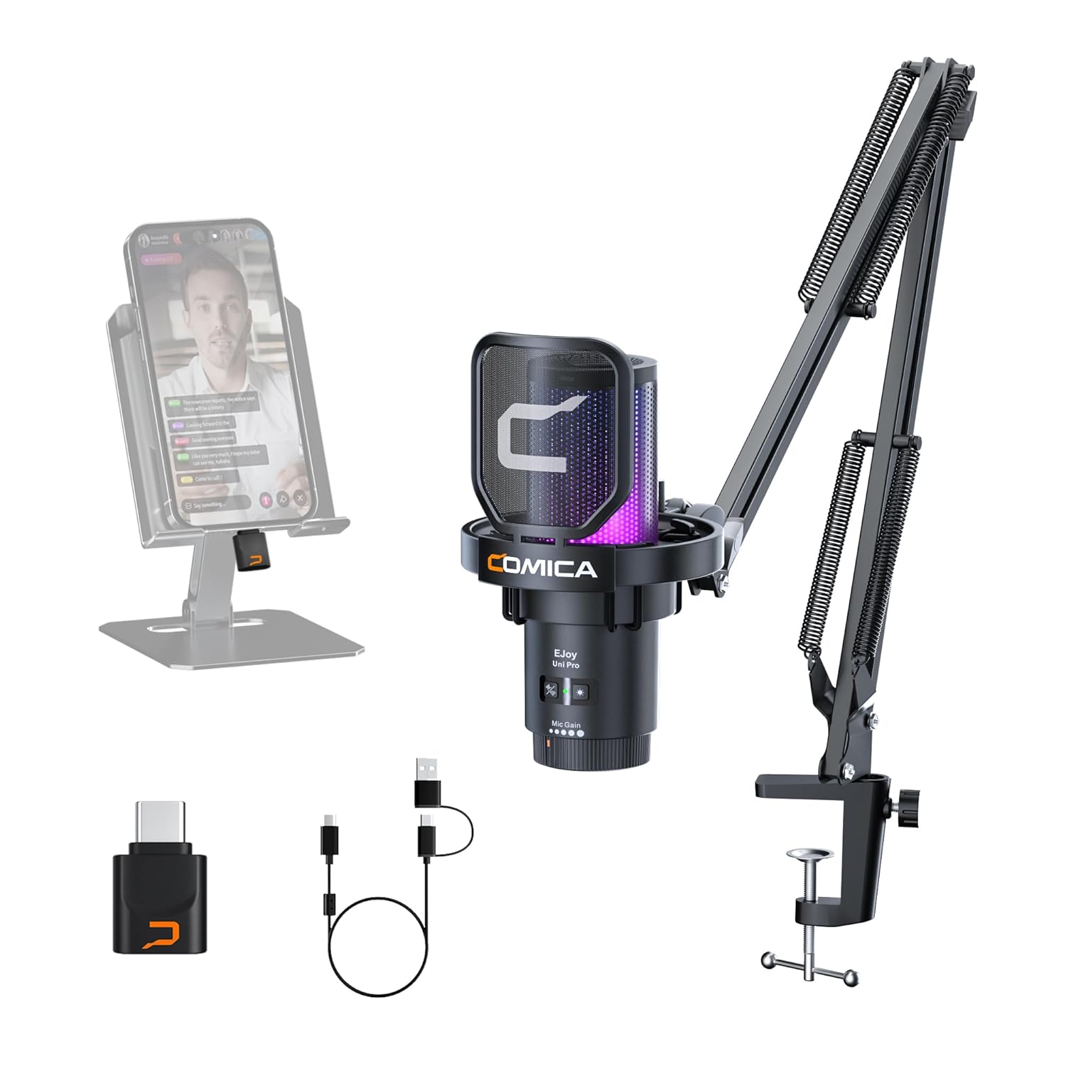 Comica EJoy Uni Pro Wireless USB Condenser Gaming for PC, PS4, PS5, USB C Phone and Mac, Boom Arm RGB Computer Mic for Twi