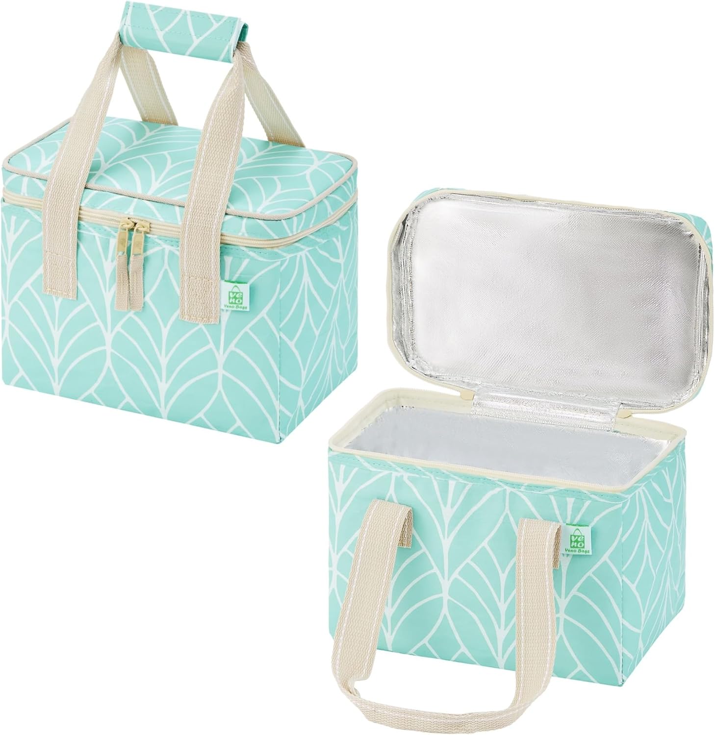 VENO 2 Pack Small Cooler Bag, Insulated Grocery Bags, Collapsible Cooler, Reusable Shopping Bags for Groceries, Water Resistant, Zippered, 2.5 Gallon (Evergreen, 2 Pack)