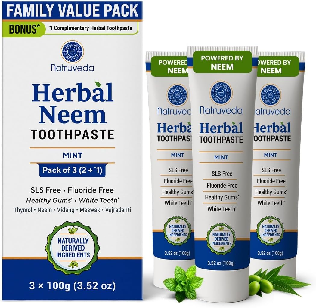 Natruveda Neem Herbal Toothpaste 3 Pack (100g Each) – Fluoride Free & SLS Free Toothpaste with Neem, Miswak, Babul & Vajradanti | Mint Ayurvedic Toothpaste for Fresh Breath & Daily Oral Care