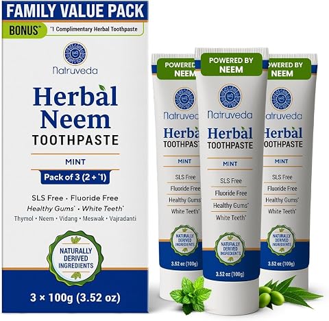 Natruveda Neem Herbal Toothpaste 3 Pack (100g Each) – Fluoride Free & SLS Free Toothpaste with Neem, Miswak, Babul & Vajradanti | Mint Ayurvedic Toothpaste for Fresh Breath & Daily Oral Care