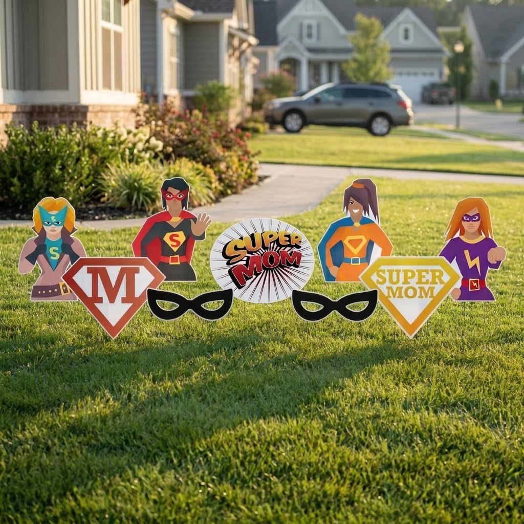 VictoryStore Mother’s Day Yard Sign with Stakes, Super Mom Yard Card Set, 9 Piece Large Outdoor Lawn Decorations, Reusable Weatherproof Coroplast, Made in USA Mom Birthday Yard Signs