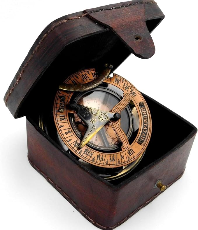 Cadran Solaire En Laiton Massif Avec Boussole – Finition Antique, étui En Cuir – 9,5 Cm – Fait Main