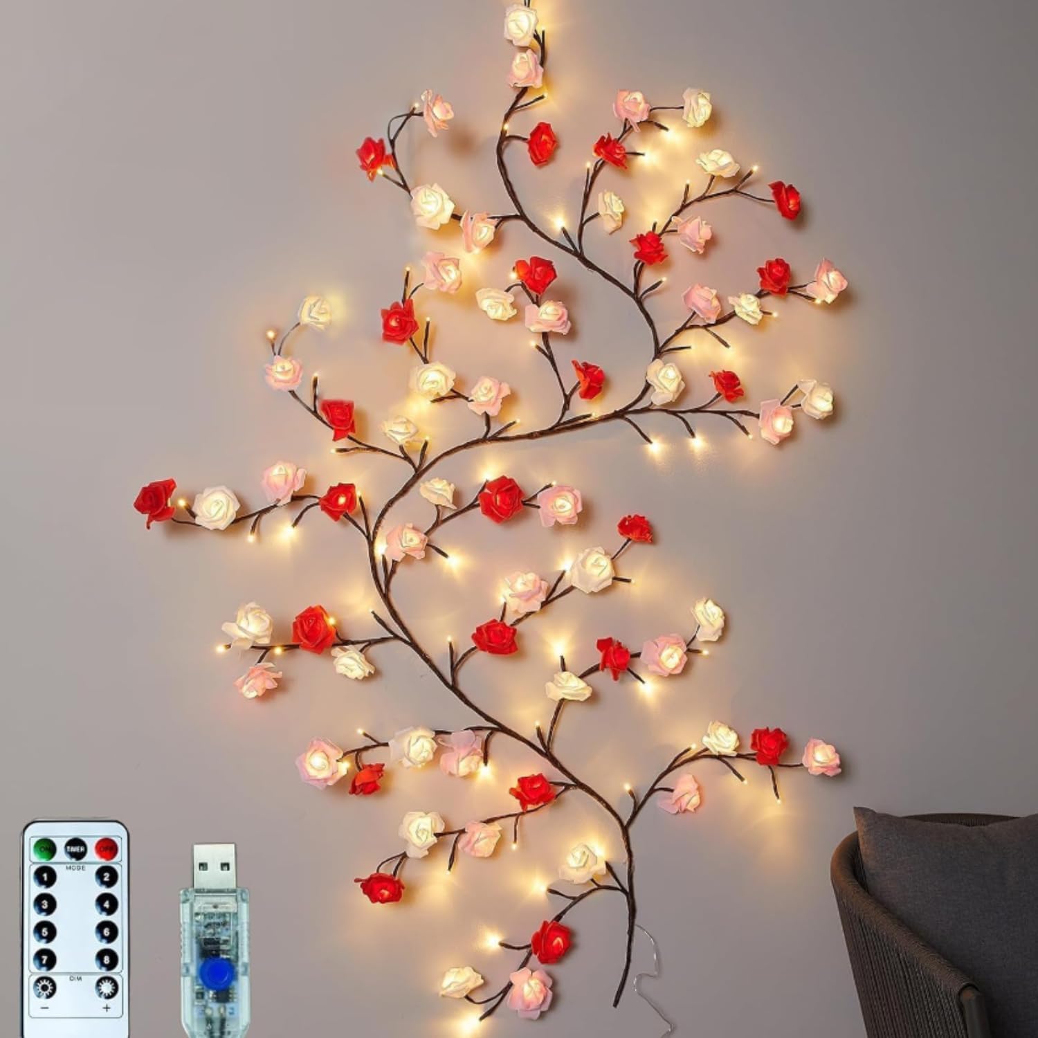 Gresoinc 230cm 144LED Roses Blossom Tree Twig Lights for Wall, USB Powered 8 Modes Warm White Fairy Light with Remote Timer Dimmable Flexible Willow Vine Floral Bedroom Home Spring Décor — image 1