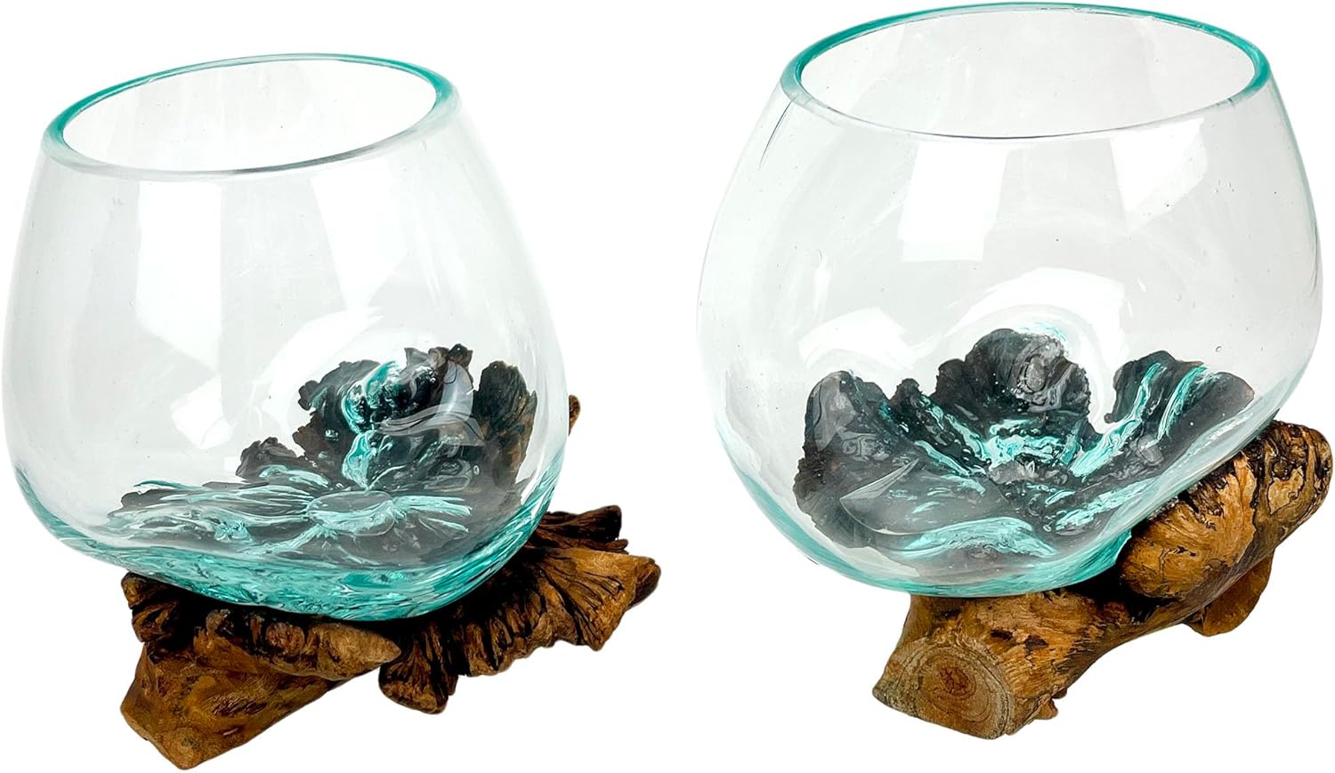 Set of 2 Blown Molten Glass and Burl Wood Decorative Bowls, Vases, and Terrariums, Each Unique Piece a Celebration of Nature's Beauty and Creative Expression