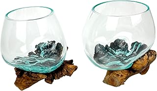 Set of 2 Blown Molten Glass and Burl Wood Decorative Bowls, Vases, and Terrariums, Each Unique Piece a Celebration of Nature's Beauty and Creative Expression