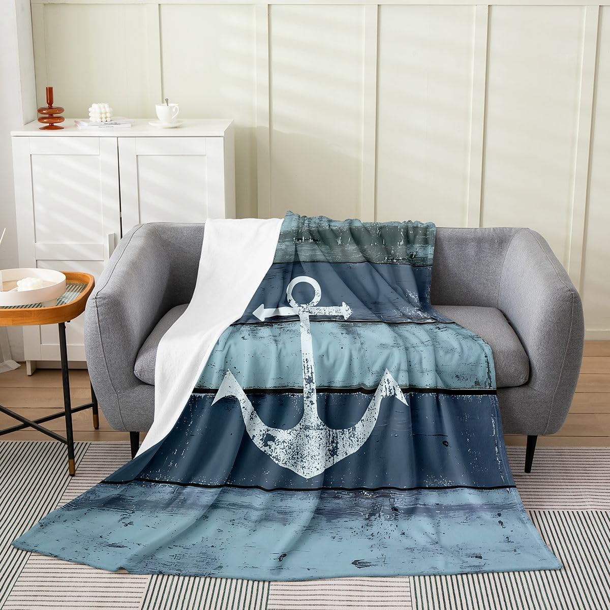 Feelyou Anchor Decor Rustic Wooden Flannel Fleece Throw Blanket Queen 90"x90" Nautical Themed Tie Dye All Season Bed Blanket Ocean Blue Teal Fuzzy Blanket Breathable Nautical Plush Blanket Luxury