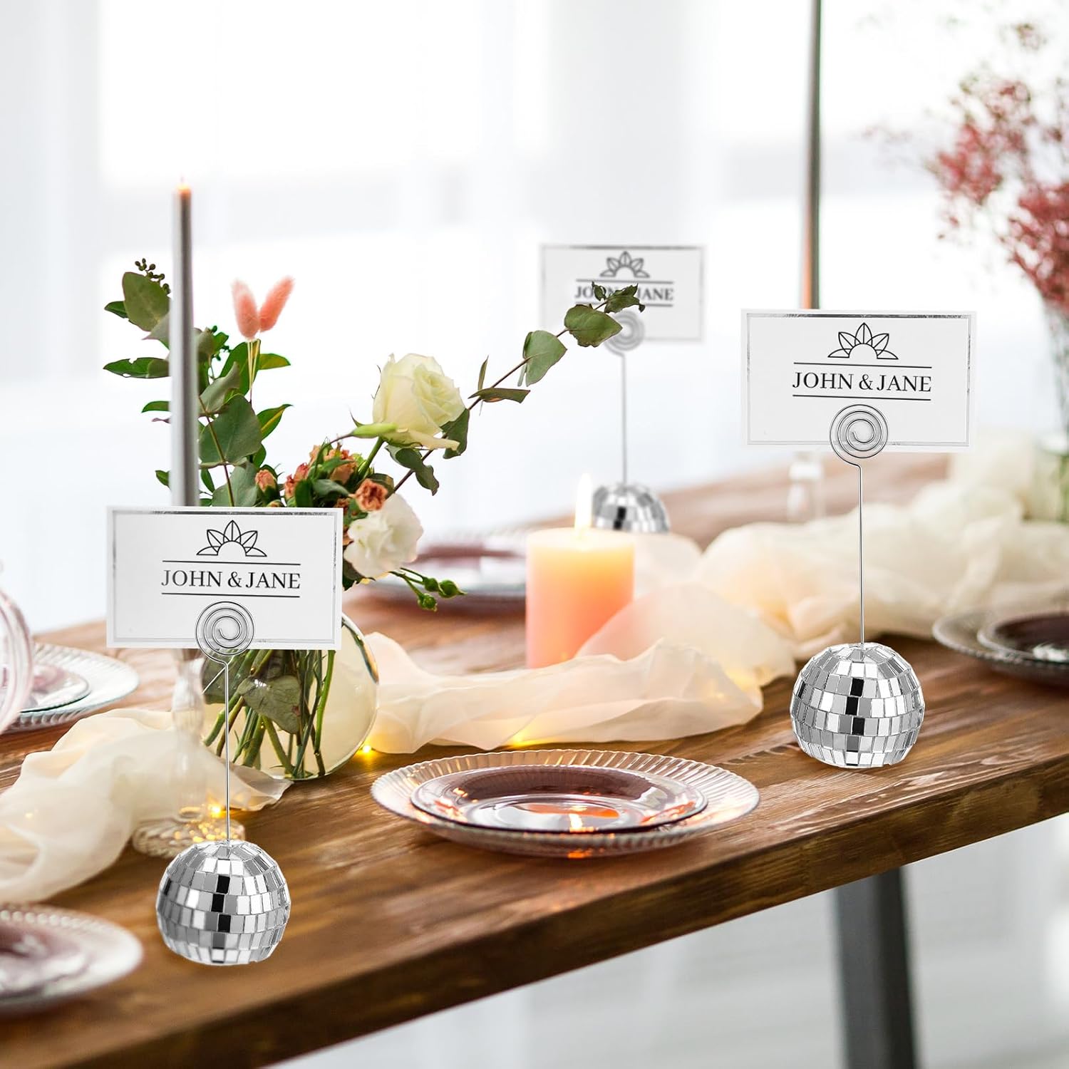 60 Pcs Disco Ball Table Number Holder, Place Card Holders, Tables Cards Photo Picture Display Numbers Stand Clips, for Wedding Birthday Disco Halloween Party Decorations