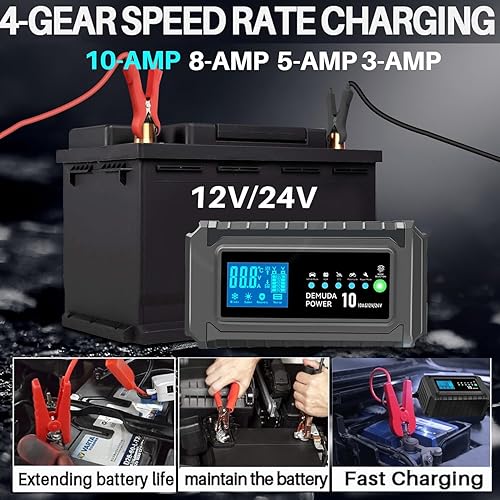 Miniatura 2 de Treeligo Cargador de batería de coche de 10 amperios de 12 V y 24 V completamente automático inteligente de plomo-ácido (GELAGMSTD), cargador de