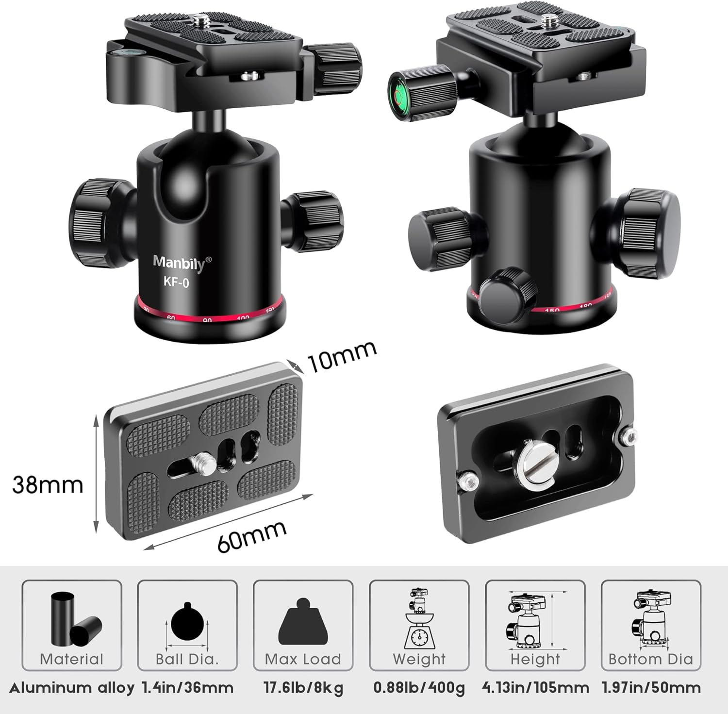 Ball Head Manbily Tripod Head Metal Aluminum Body 360° Panoramic Monopod Head with Extra Arca Swiss Quick Release Plate, Load up to 17.6lbs/8kg,Camera Head for DSLR, Camcorder, Slider (Red) - Image 4