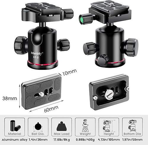 Miniatura 4 de Ball Head Manbily - Cabeza de trípode de metal de aluminio, cabeza monopie panorámica de 360° con placa extra Arca Swiss de liberación rápida, carga