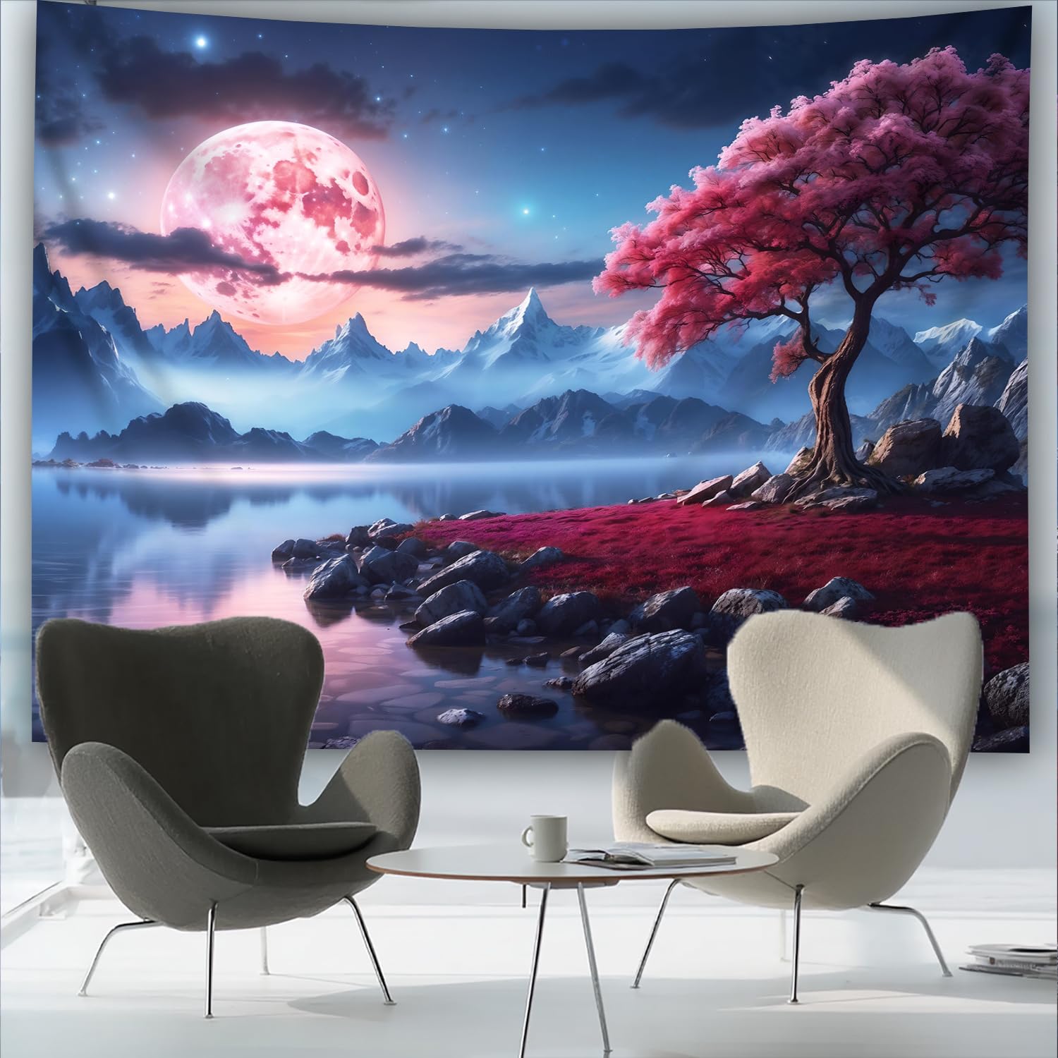 Tapiz grande de cerezo en flor con lago de la luna, fondo con paisaje de cielo nocturno de ensueño, tela de poliéster para colgar en la pared, para dormitorio, sala de estar, decoración de fiestas