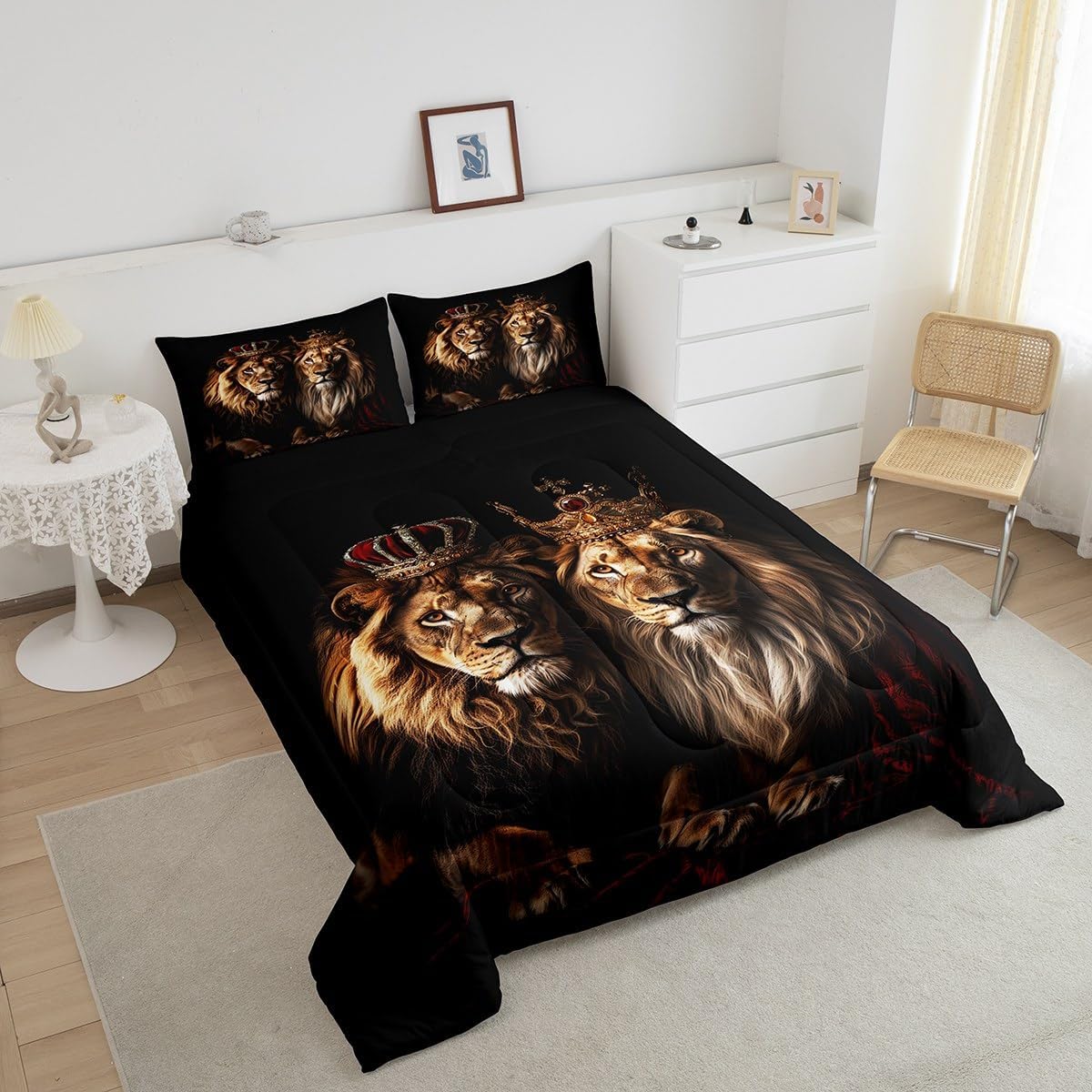 3D Lion Printed Comforter Set King Size 3 Pcs Brown Abstract Jungle Wildlife Bedding Comforter for Kids Teens Adults Red Golden Crown Animals Decor Soft Quilt Duvet Set with 2 Pillowcases - Image 3
