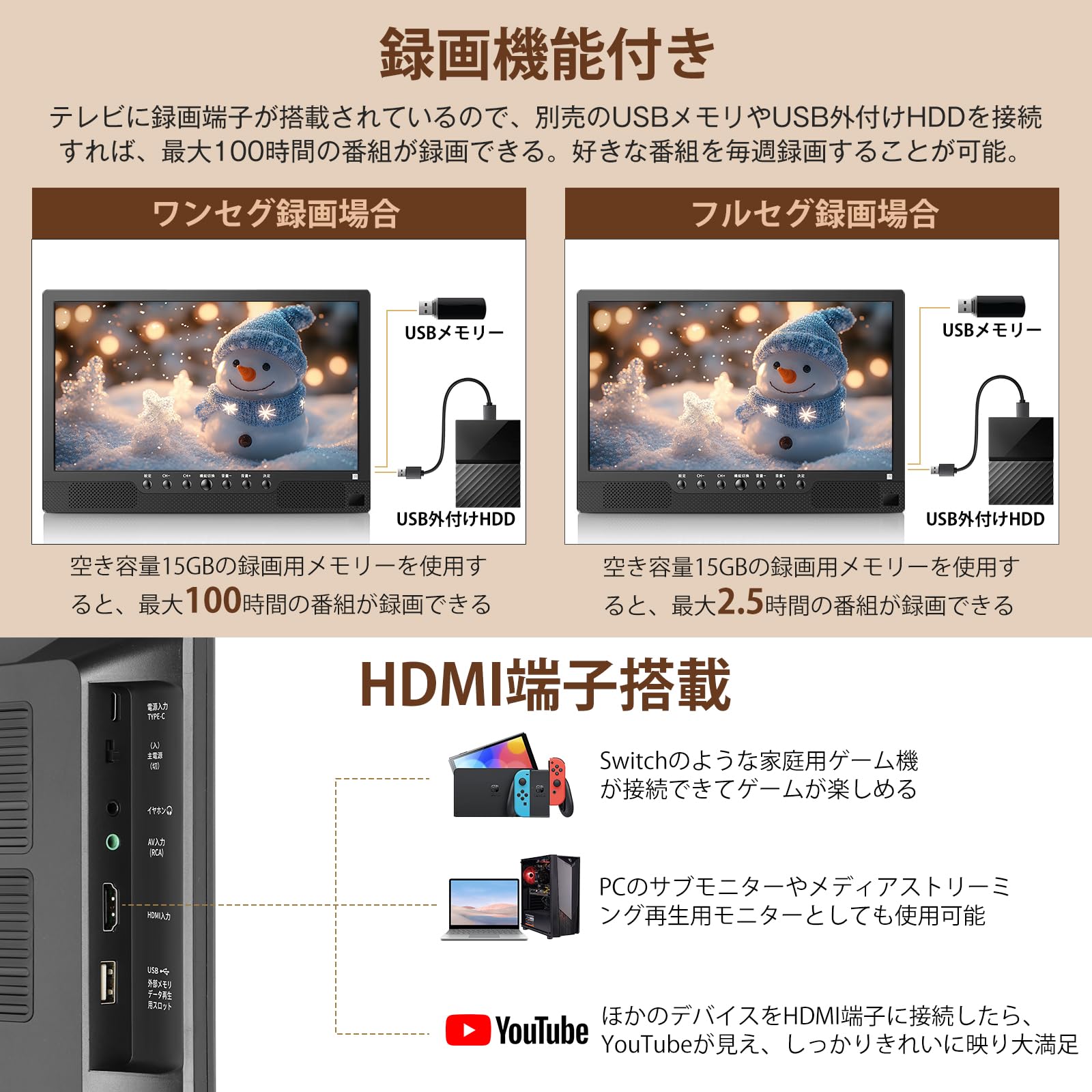 Amazon | [録画機能付き]ポータブルテレビ 14.1インチ テレビ小型 軽い