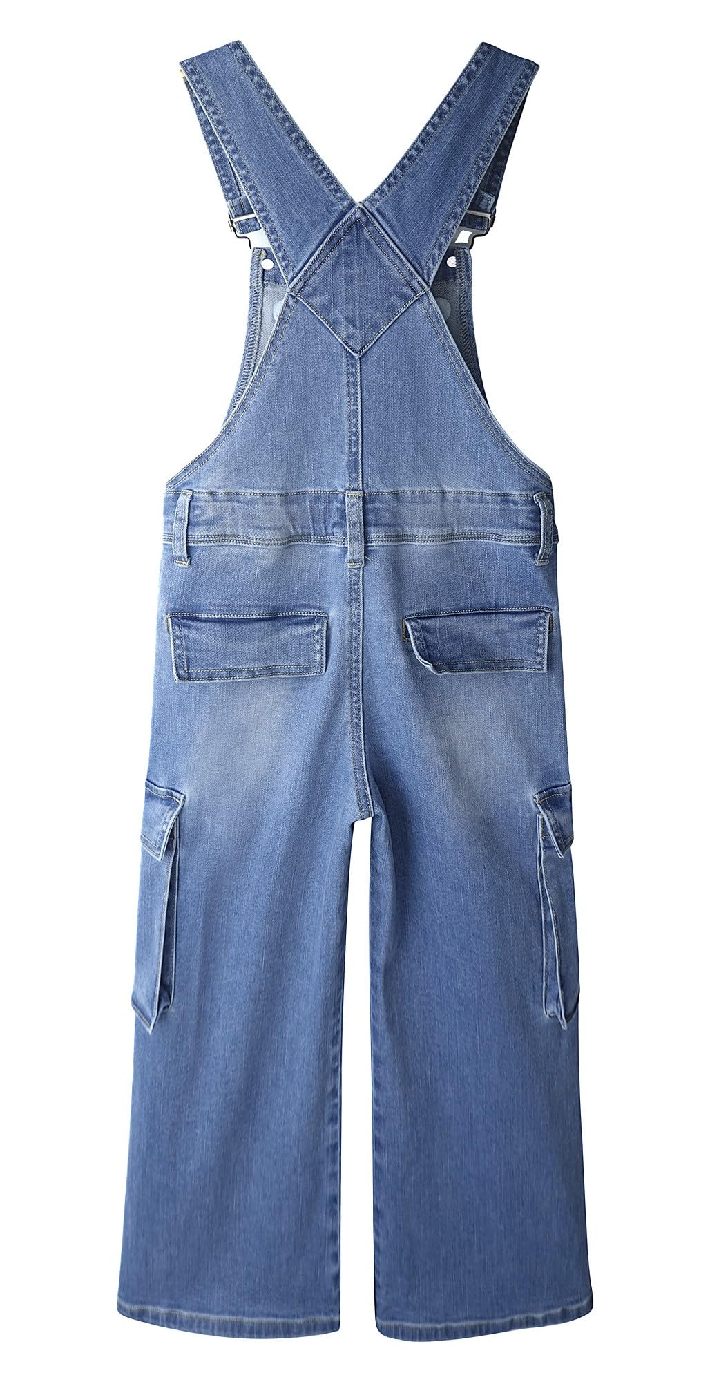 KIDSCOOL SPACE Salopette di jeans per ragazze, salopette di jeans cargo con fisarmonica a gamba larga, tasche con tacco profondo