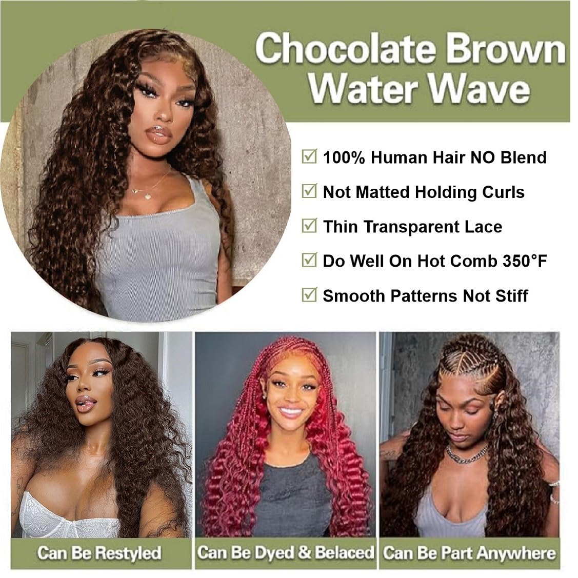 Chocolate Brown 4# Water Wave 2x6 Lace Closure 100% Unprocessed Human Virgin Hair #4 2x6 Lace Deep Middle Part Pre-Plucked Hairline Closure With Baby Hair Color Brown 12 Inch