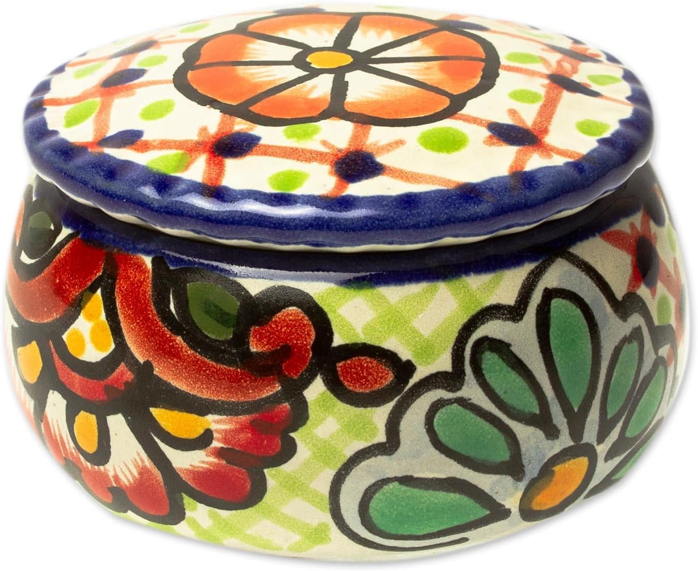 NOVICA Artisan Handmade Ceramic Decorative Box Talaverastyle Multicolor Mexico Accessories Boxes Painted Hacienda [2.6in H x 3.5in Diam.] ' Hidalgo Bouquet'