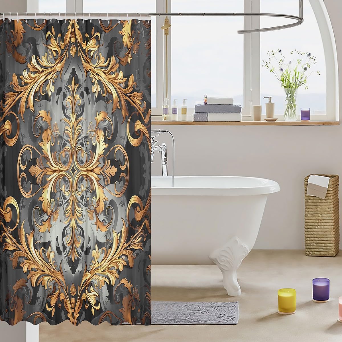 Erosebridal Golden Damask Floral Boho Vintage Paisley Cloth Fabric Shower Curtain 72x72, Hippie Aztec Exotic Bathroom Accessories with Hooks, Garden Bohemian Gothic Waterproof Bathroom Curtain Sets image 3