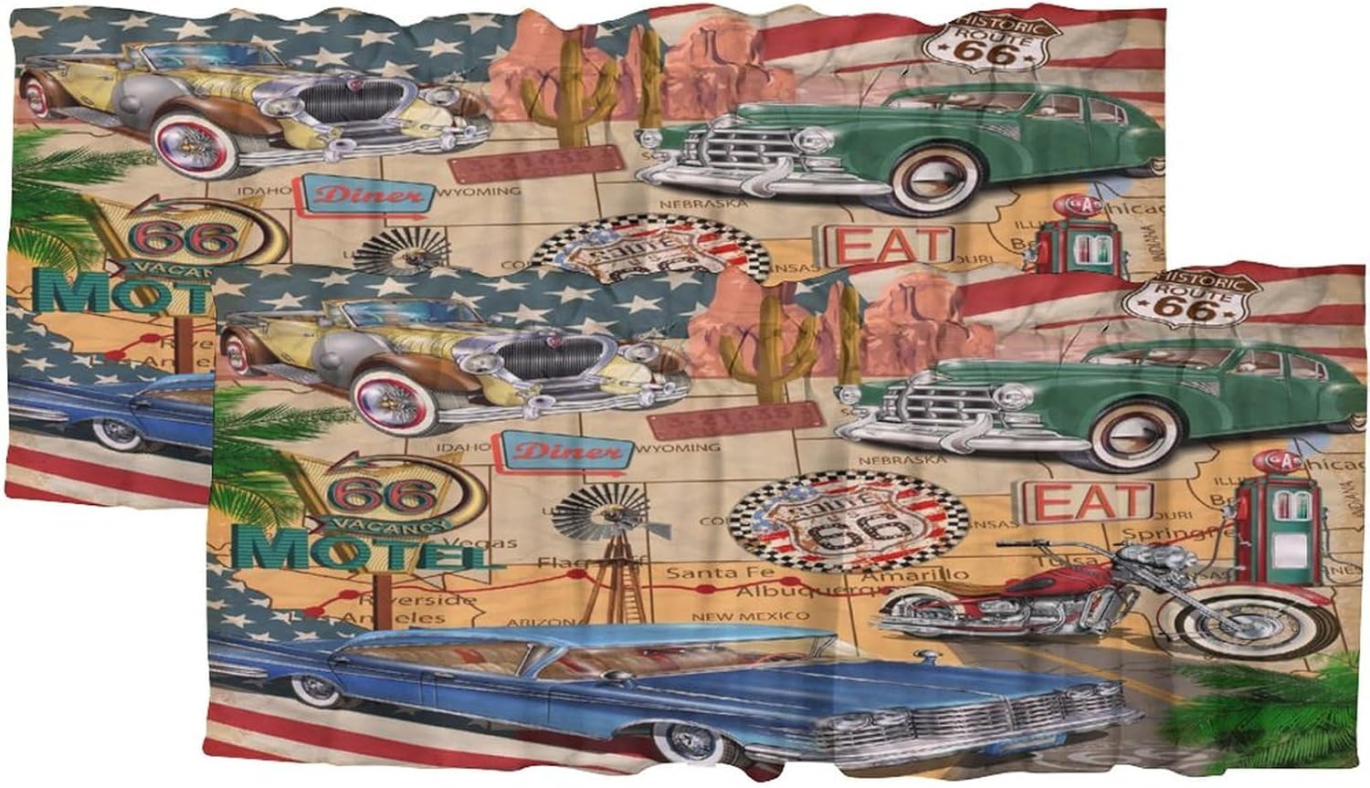 Retro Route 66 Old Classic Car Rod Pocket Valance Curtains,Rustic Wild West Country Gas Station Theme Antique Car Window Treatments Valances for Kitchen Living Bathroom 54x18inch（2Pcs）