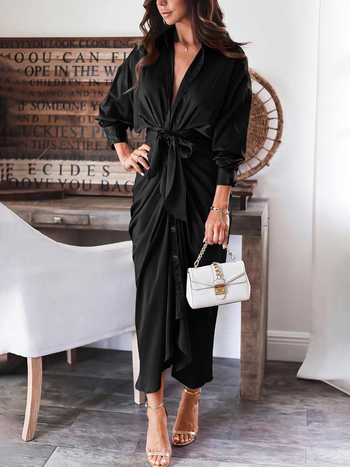 BTFBM Summer Dresses for Women 2026 Long Sleeve V Neck Button Down Elegant Belted Ruched Satin Silk Shirt Spring Dress