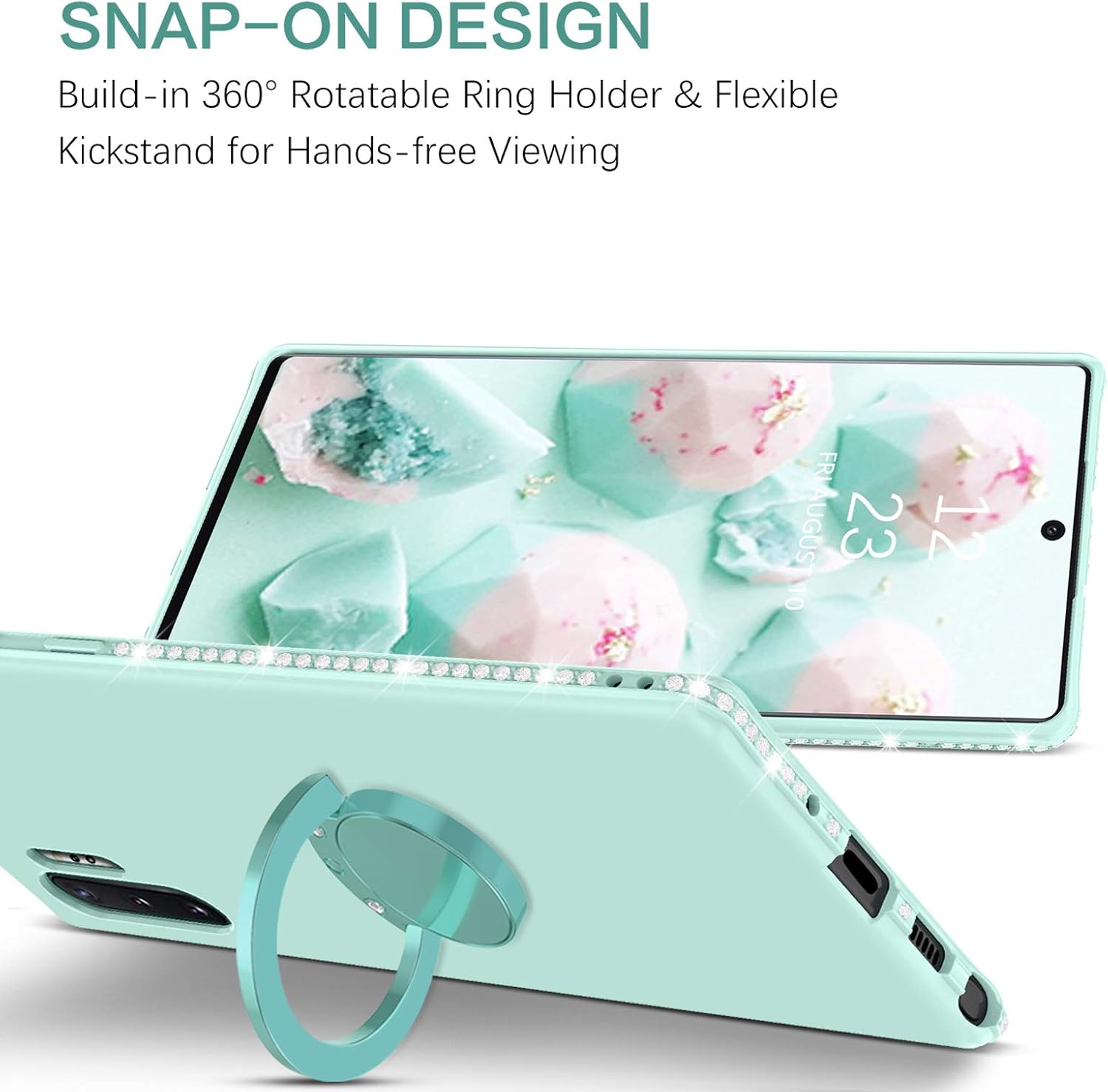 BENTOBEN Galaxy Note 10 Plus Case, Slim Silicone | 360° Ring Holder Kickstand | Rhinestone Soft Rubber Bumper Shockproof Women Girls Phone Case for Samsung Galaxy Note 10+ Plus 5G, Light Green