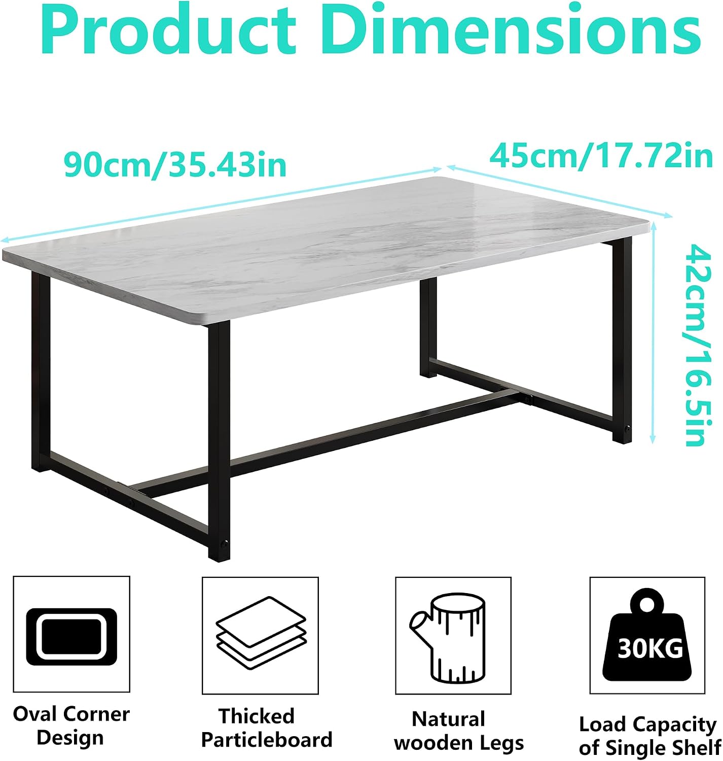 Coffee Table for Living Room, Modern Rectangular Center Coffee Tables for Small Space, Industrial Furniture, Sofa End Tables/Tea Table/Center Table, Couch Table with Metal Black Frame White Top
