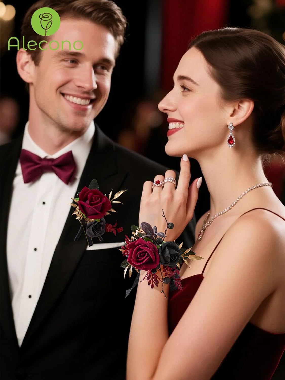 Alecono Burgundy Corsage and Boutonniere Set, Red and Black Rose Corsage Wristlet and Boutonniere for Wedding Prom Flower Accessories Suit Decorations