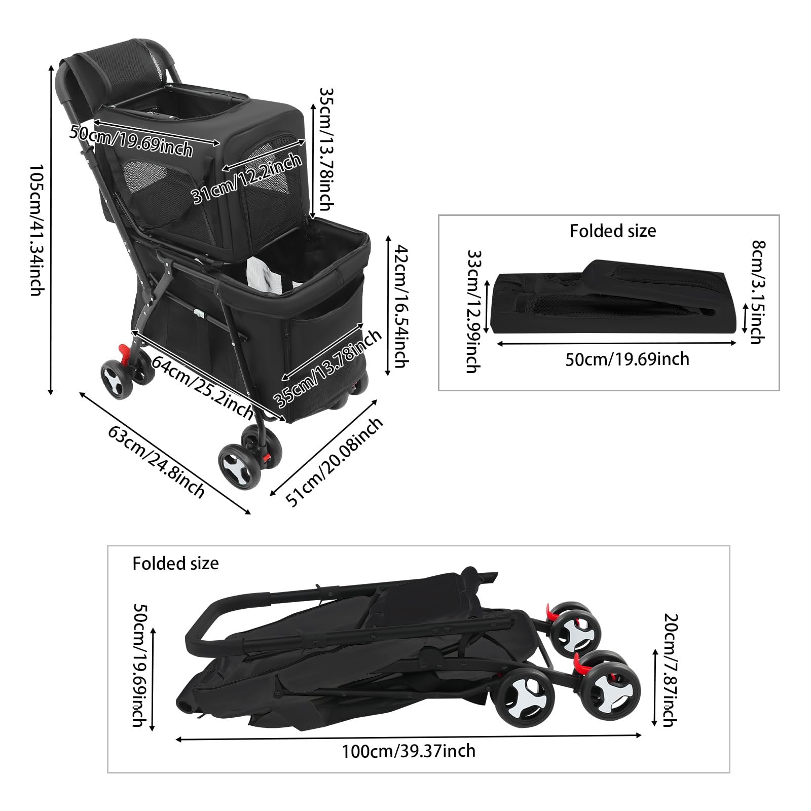 Schwarz Doppelter Haustierstroller, 2 Etagen Faltbarer Haustierwagen, Faltbarer Haustiere Buggy mit abnehmbarer Transportbox, für Katzen und Hunde