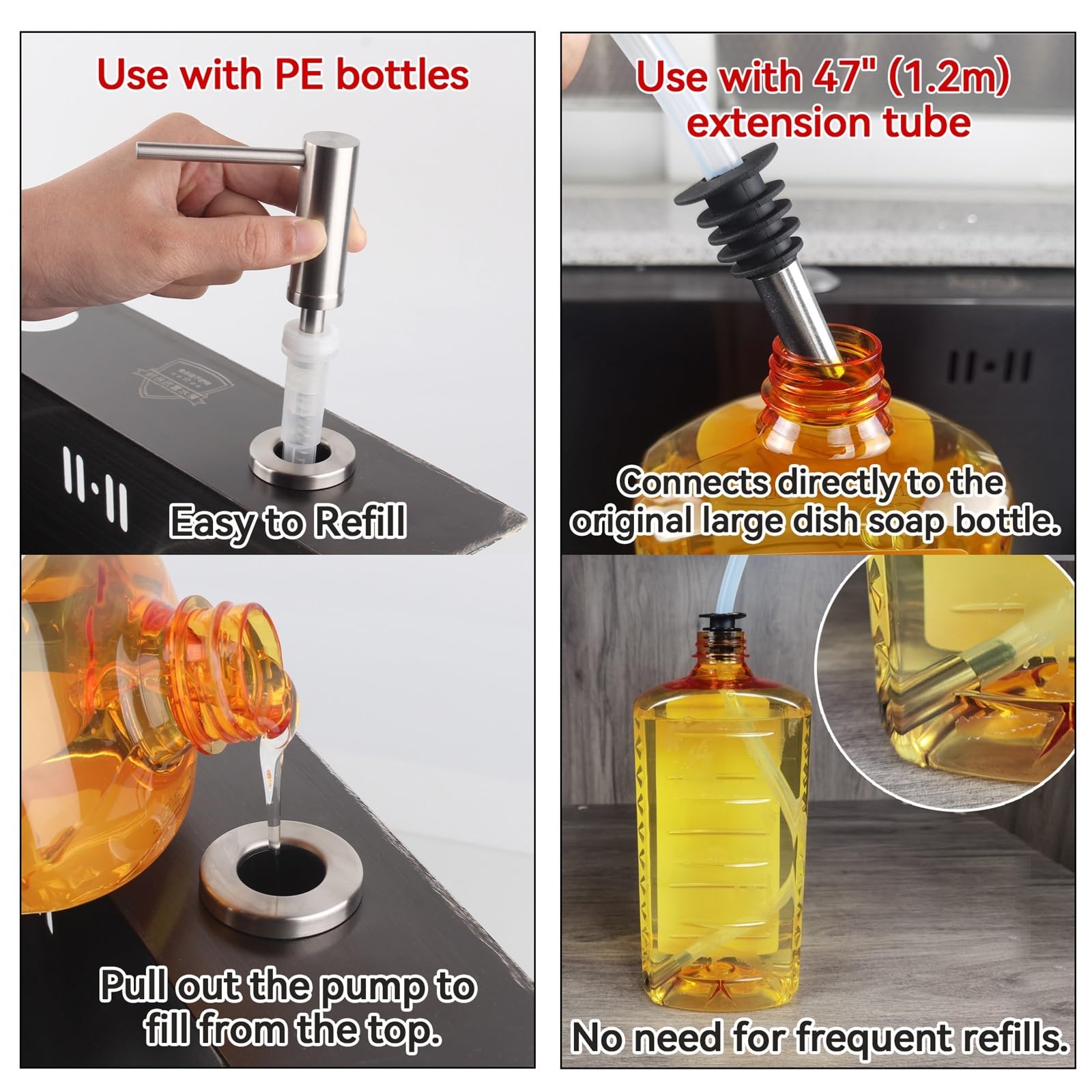 Dispensador de jabón de Cocina Dispensador de jabón sólido Acero Inoxidable 304 for Fregadero Cocina con Botella 17 onzas y Kit Tubo extensión 47 Pulgadas para Fregadero