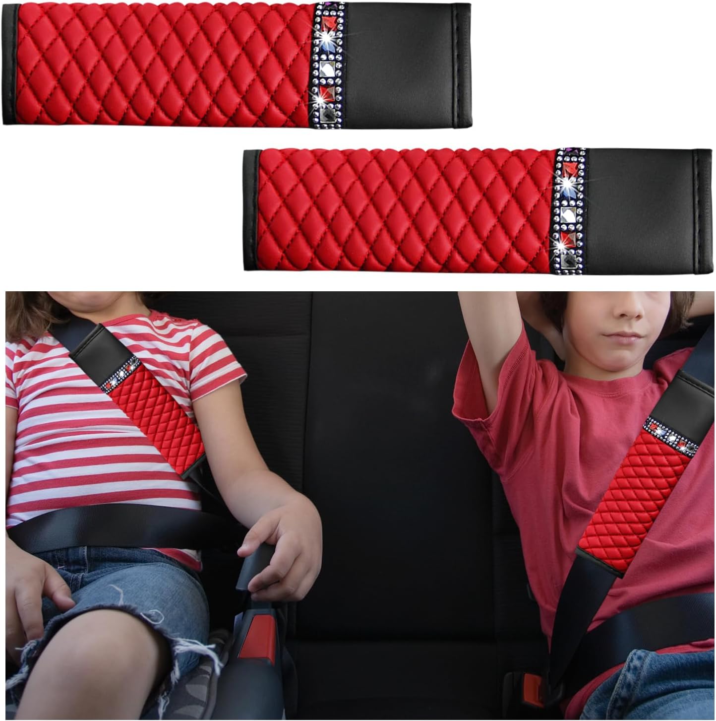 Ziciner 2PCS Leather Seat Belt Cover, Sparkling Rhinestone